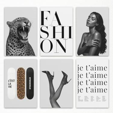Imagem de 6 peças de arte de parede em tela com estampa de leopardo, pintura de chita preta e branca, pôster moderno de skate de leopardo C'EST LA VIE, impressão tipográfica fashion e Je T'aime, imagem de
