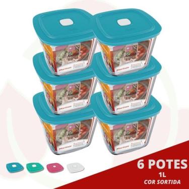 Imagem de 6 Pote Vidro Quadrado Alto Facilita c/ Tampa Sortida 1L Marinex - NADI