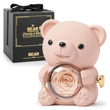 Imagem de CIAPSK Urso de pelúcia rosa preservado – rosa real em caixa de presente elegante – presente romântico para ela – perfeito para o dia das mães, aniversário, casamento ou chá de panela (champanhe)