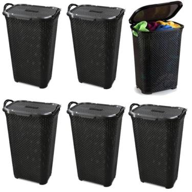 Imagem de Kit 6 Cestos Rattan Grande C/ Tampa Basculada Preto 25665 Arqplast