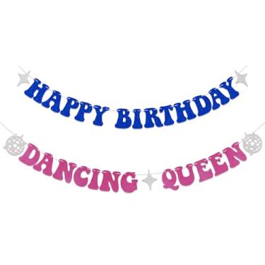 Imagem de Happy Birthday Dancing Queen Banner Dancing Queen Decorações de festa de aniversário temáticas decorações de aniversário decoração de aniversário Mamma Mia decoração azul e rosa choque