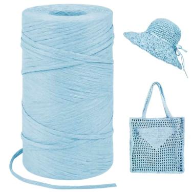 Imagem de LEREATI Fio de ráfia azul claro para sacos de crochê, fita de ráfia de corda plana de 3 mm x 328 jardas para embrulho de presente, fio de fita de papel de ráfia para chapéu de sol de crochê, bolsa