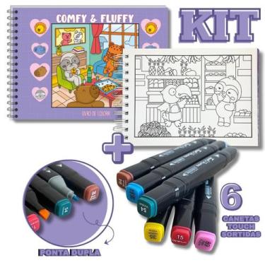Imagem de KIT Livro de Colorir Comfy e Fluffy - ROXO + 6 Canetas Touch Pontas Du