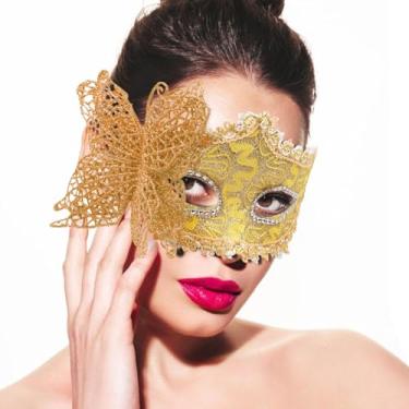 Imagem de MYMENU Máscara veneziana feminina de baile de máscaras para casais, máscara de Halloween para baile de festa à fantasia, Dourado, G