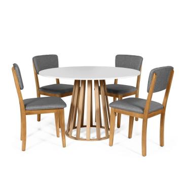 Imagem de Mesa De Jantar Redonda Gabi Bran/jade Com 4 Cadeiras Estofadas Ella Cinza Escuro