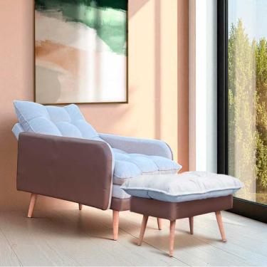 Imagem de Poltrona Reclinável Em 3 Posições Com Puff Em Linho Premium Bege/caramelo Bege/caramelo C/puff Roma