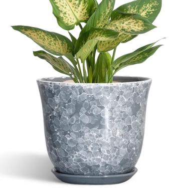 Imagem de SUNPOTFOR Vaso de cerâmica – Vaso de plantas de 15 cm para ambientes internos e externos, vasos pequenos com orifício de drenagem e pires, plantador redondo moderno, vaso de orquídea suculenta
