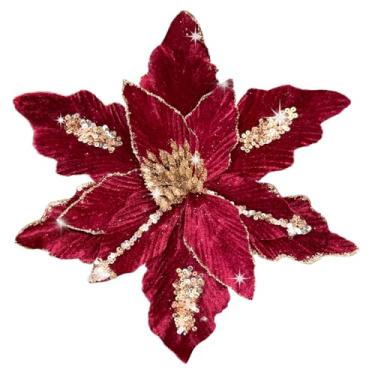 Imagem de Pacote com 6 flores de poinsétia com glitter, 28 cm, decoração de flores artificiais grandes para árvore de Natal, guirlanda de guirlanda (vermelha)