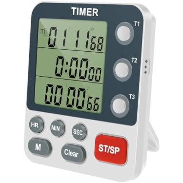 Imagem de UKQRRTC Temporizador de cozinha de 3 canais com alarme alto magnético traseiro grande temporizador digital de volume ajustável temporizador de alimentos de alta precisão para cozinha