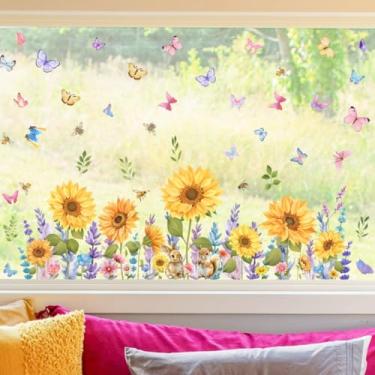 Imagem de Adesivos de janela de girassol adesivos de janela buquê floral dupla face primavera jardim flor janela aderente esquilo borboleta decalques de vidro para prevenção de greves de janelas de pássaros