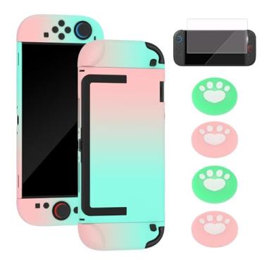 Imagem de Capa encaixável para Nintendo Switch 2 2025, capa rígida protetora para Switch 2 Joy Con, capa com design antiarranhões e absorção de choque com protetor de tela e 4 pegas de polegar (verde-rosa)