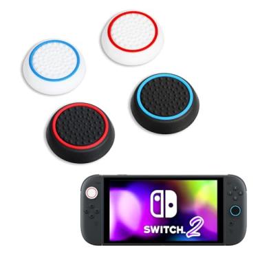 Imagem de DLseego 4 Pegas de polegar projetadas para Nintendo Switch 2 (2025), silicone macio Joycon controle analógico capa protetora antiderrapante botão Joy con capas de joystick, círculo - branco preto