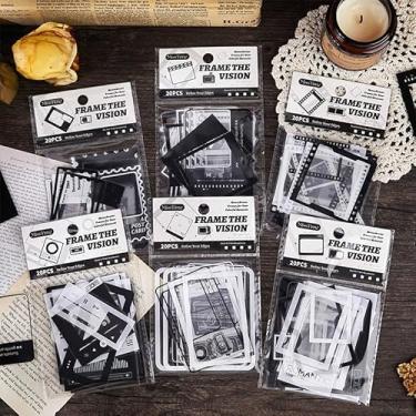 Imagem de Kit de adesivos de scrapbook de música preto e branco, 120 peças, moldura de filme, transparente, à prova d'água, conjunto de adesivos para lixo, diário, garrafas de água, celular, laptop, decalques