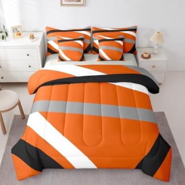 Imagem de Erosebridal Conjunto de cama casal com 7 peças, laranja, cinza, listrado, moderno, abstrato, para adultos, mulheres e homens, conjunto de edredom geométrico, geométrico, estético, boêmio