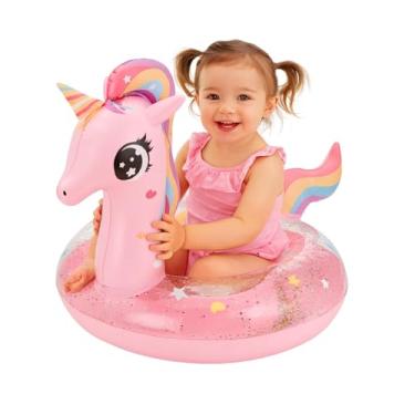Imagem de Boia Infantil Unicórnio Rosa com Glitter Inflável para Piscina 63 cm para Bebês de 6 Meses a 3 Anos