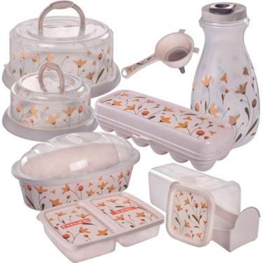 Imagem de Kit 8 PEÇAS - Boleira c/ base de Rosca + Queijeira c/ base de Rosca + Porta Pães oval c/ tampa Incolor + Porta Torradas c/ Gaveta Deslizante + Porta Frios c/ 2 Divisórias Independentes + Garrafa para Água e Suco Paris 1,8L + Porta Ovos c/ Tampa Basculante + Peneira com Funil de Rosca - Marmorizado D