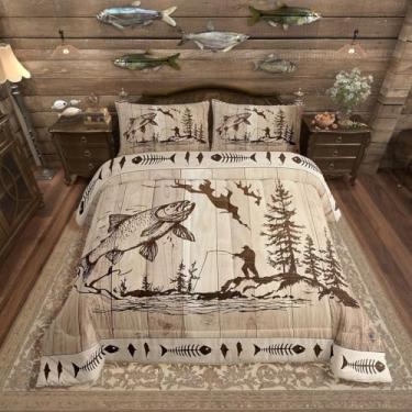 Imagem de Erosebridal Conjunto de edredom rústico de pesca, rústica, cabana de fazenda, campo, lago, robalo, para crianças, adultos, tábua de madeira, caça, cama, decoração de quarto