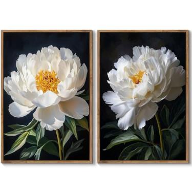 Imagem de Gardenia Art Arte de parede em tela de flor de peônia emoldurada grande floral temperamental sobre fundo preto pintura natureza elegante pôsteres arte para quarto sala de estar corredor decoração de