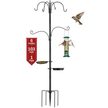Imagem de Kit de estação de alimentação de pássaros de 261 cm, poste de suporte de alimentador de pássaros selvagens de 6 ganchos, poste de alimentador de aço com base de 5 pinos, bandeja de malha, banho de