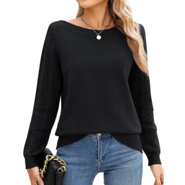 Imagem de Suéter feminino LOMON com gola de barco e manga comprida, malha preta 
