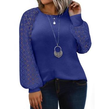 Imagem de Blusa feminina Eytino plus size raglan de manga comprida, renda 1x azu