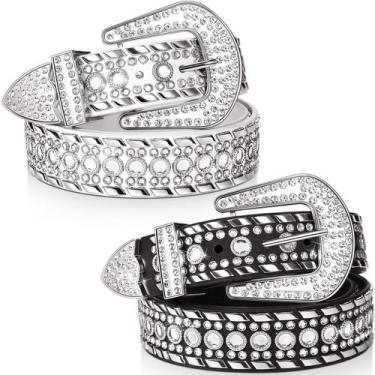 Imagem de Cinto de couro de strass Geyoga 115 cm, 2 peças, preto e branco