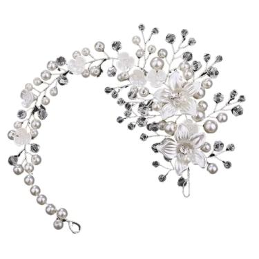 Imagem de Garfo de cabelo floral rosa de cerâmica com pérola - Acessórios de cabelo para noivas para mulheres tiara de casamento (#2 faixa de cabelo prata fio de cobre)