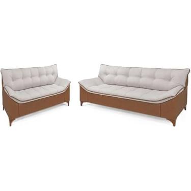 Imagem de Sofá Veneza Conjunto 2 e 3 Lugares Design Sofisticado em Composê Linho e Couríssimo Cinza Base em Madeira Maciça Império