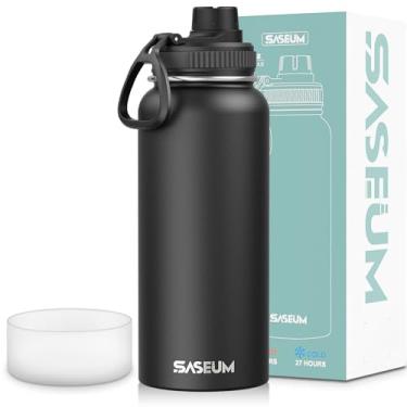 Imagem de SASEUM Garrafa de água esportiva 946 ml com tampas de palha, caneca térmica de parede dupla de aço inoxidável, jarro de água isolado à prova de vazamento, cantil de metal livre de BPA, preto