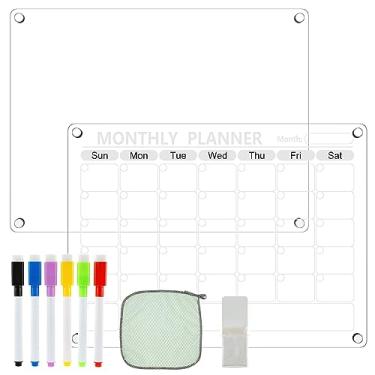 Imagem de QUWUMGD Conjunto de calendário magnético acrílico transparente planejamento quadro em branco apagável a seco com 6 canetas marcadoras, suporte de caneta, toalha reutilizável, planejador mensal/semanal
