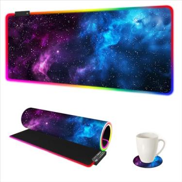 Imagem de ARTSO Mouse pad RGB LED, 2GG grande mouse pad roxo azul nebulosa estrelada, tapete de mouse grande para computador com 14 modos de luz, tapete de teclado de 35,4 x 15,7 polegadas