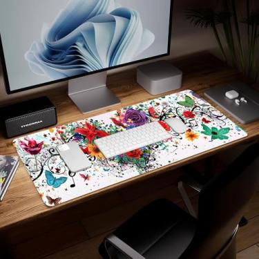 Imagem de Tapete de mesa de flor de couro, mouse pad de arte colorida grande teclado de computador mousepad para jogos à prova d'água protetor e capa de mesa, tapete de mouse decorativo de couro PU para laptop