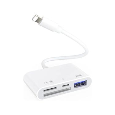 Imagem de Leitor de cartão SD – Cartão de memória 4 em 1 para telefone com USB fêmea OTG, compatível com cartões SD/TF. Carregamento portátil e rápido.