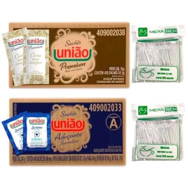 Imagem de Açucar União 400 Saches + Adoçante Sucralose Sache 400 + 1000 Mexedores Cafe Kits na Web