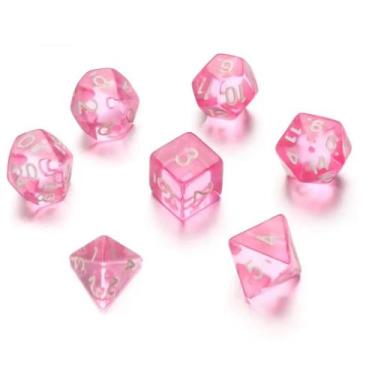 Imagem de Kit 7 dados rpg de mesa papel rosa translucido d4 d6 d8 d10 d12 d20 d1