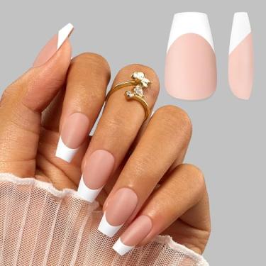 Imagem de Caixão de unhas de pressão de ponta francesa, conjunto de unhas cosméticas com ponta de gel curta marrom com primer fosco pré-aplicado e camada de base, extremamente ajustado e cola natural em 15