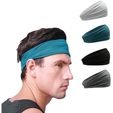 Imagem de Bandanas esportivas, 4 peças de faixas de cabelo masculinas, absorventes de suor, respiráveis, antiderrapantes, adequadas para corrida, basquete, futebol, tênis, ioga (preto, branco, cinza, azul)