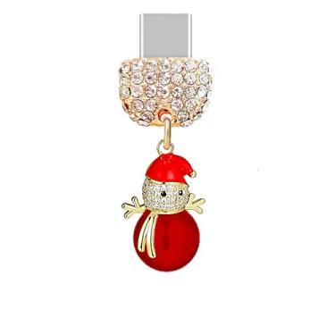Imagem de ELISE & FONDA TP970 Tipo-C porta de carregamento cristal antipoeira pequeno boneco de neve 3D pingente de celular para iPhone 15/16/Samsung/OnePlus/Xiaomi/oppo telefones Android (vermelho)