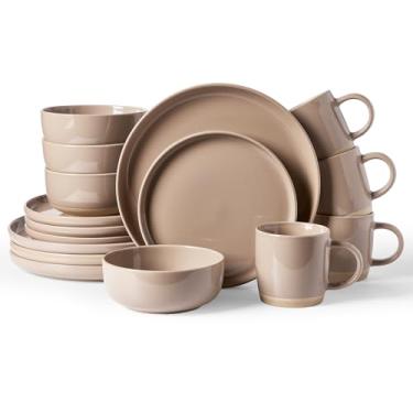 Imagem de Famiware Conjunto de louça Milkyway com canecas, serviço para 4 (16 peças), conjuntos de pratos e tigelas de grés canelados, resistente a lascas e arranhões, seguro para micro-ondas e lava-louças
