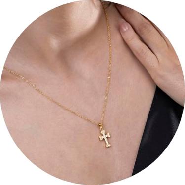 Imagem de Colar feminino com pingente de cruz de ouro banhado a aço inoxidável 18K com detalhes em zircônia, vários estilos de cruz, joia em camadas para presente, 18 Inches, Aço inoxidável, Sem Pedra Preciosa