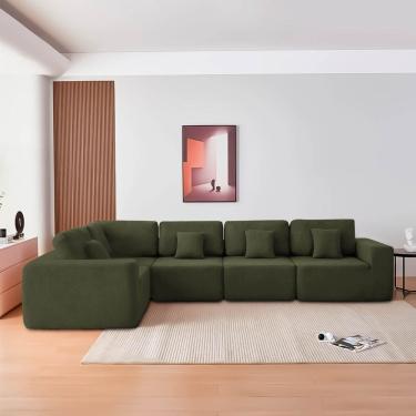 Imagem de Kit Sofá Modular 5 Lugares Moderno Curvo Orgânico Adapt Linho - Amarena Móveis Verde
