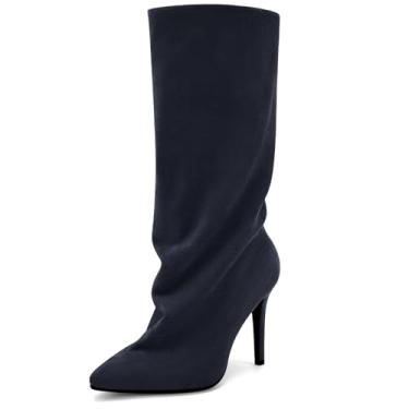 Imagem de Perisis Botas femininas despojadas cano médio pretas longas de puxar salto agulha bico fino botas de tubarão para mulheres sexy moda, Camurça azul marinho, 39