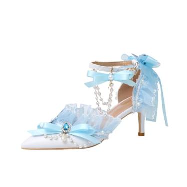 Imagem de STARSHINE RESPLENDENT Sapatos femininos de salto alto Lolita com laço de renda azul com franja de pérola, alça de pulso para formatura feminina salto agulha sandálias vazadas de salto médio para