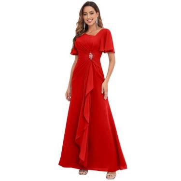 Imagem de Vestido PRESEOSSA Mãe do Noivo: Chiffon vermelho, decote em V, tamanho