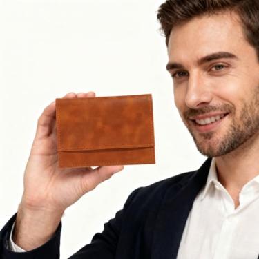 Imagem de Carteira masculina durável de couro bronzeado, carteira dupla clássica com compartimentos para cartão e compartimento para notas, presente elegante para homens, Marrom A, Atemporal