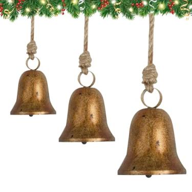 Imagem de Sinos de Natal rústicos pendurados, conjunto vintage de 3 peças com corda de juta, metal dourado antigo para árvores, grinaldas, portas, lareiras, casamentos e decorações de casa