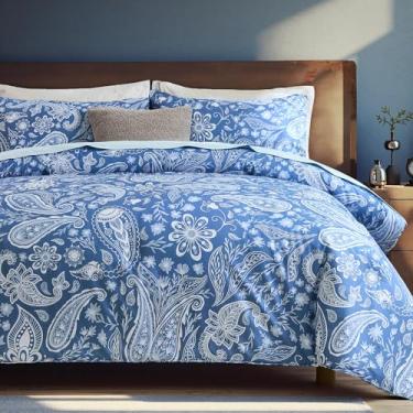 Imagem de Bedorm Conjunto de edredom de algodão Paisley azul, floral, 3 peças, super macio, respirável, 100% algodão, estampa floral, boêmio, chique, para todas as estações