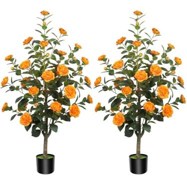 Imagem de HanJoy Camélias artificiais com 36 flores em vasos de cimento – árvores falsas realistas para varanda, casa, decoração de primavera interna ao ar livre, escritório ou presentes de inauguração de casa