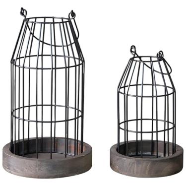 Imagem de LUMINFLY Conjunto de 2 lanternas rústicas, castiçais de ferro vintage com moldura de metal preto e base de madeira, decoração interna para ocasiões especiais