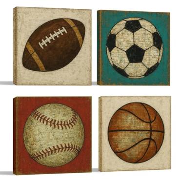 Imagem de VVJSZHJ Arte de parede em tela de futebol americano, futebol, beisebol, basquete, vintage, esportes, decoração de quarto, sala de estar